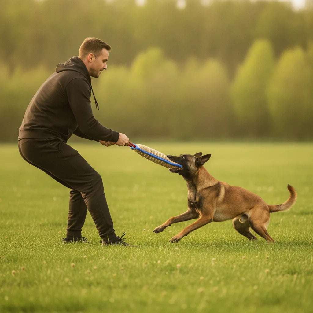 Chien mordant le bâton en jute pendant une séance de dressage