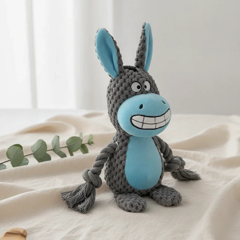 Peluche chien indestructible en forme d'ane gris et bleu avec pattes en corde