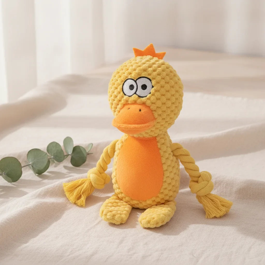 Peluche chien indestructible en forme de canard jaune avec pattes en corde