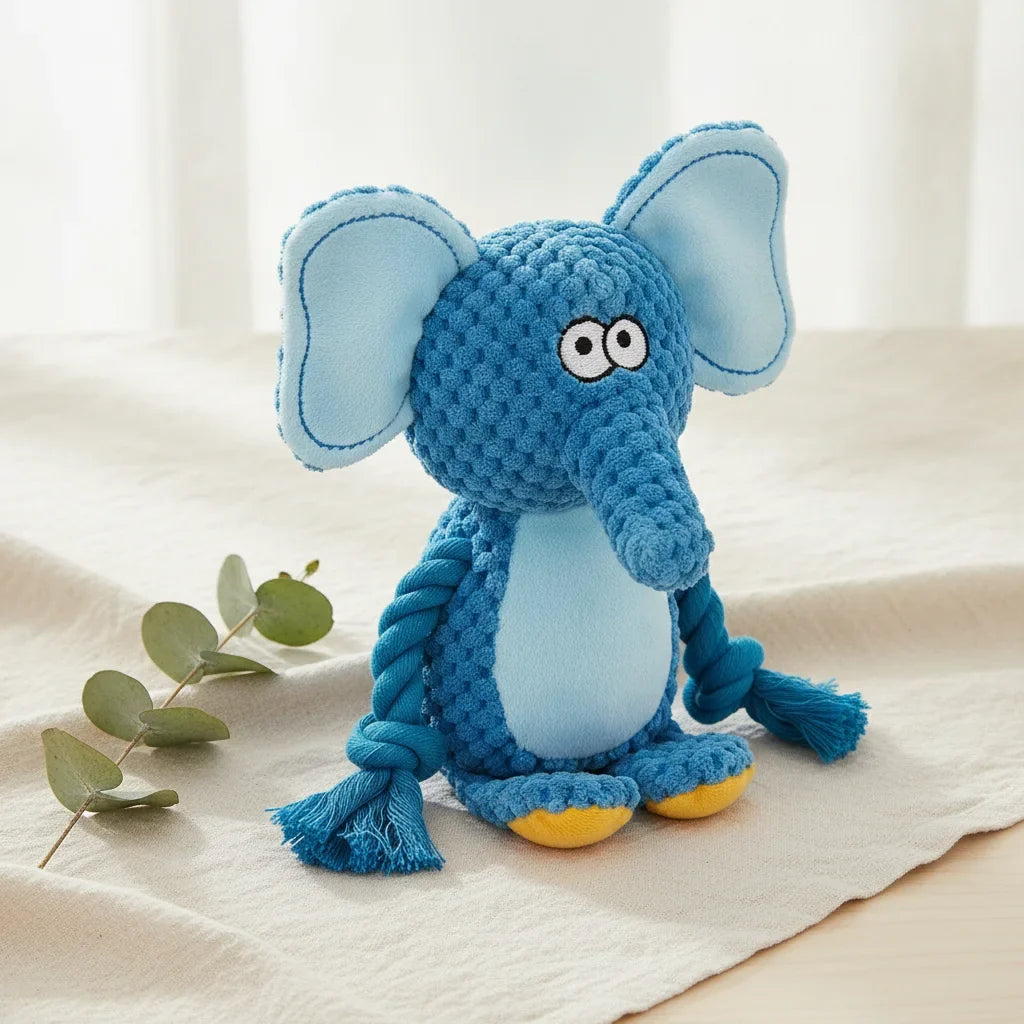 Peluche chien indestructible en forme d'elephant bleu avec pattes en corde