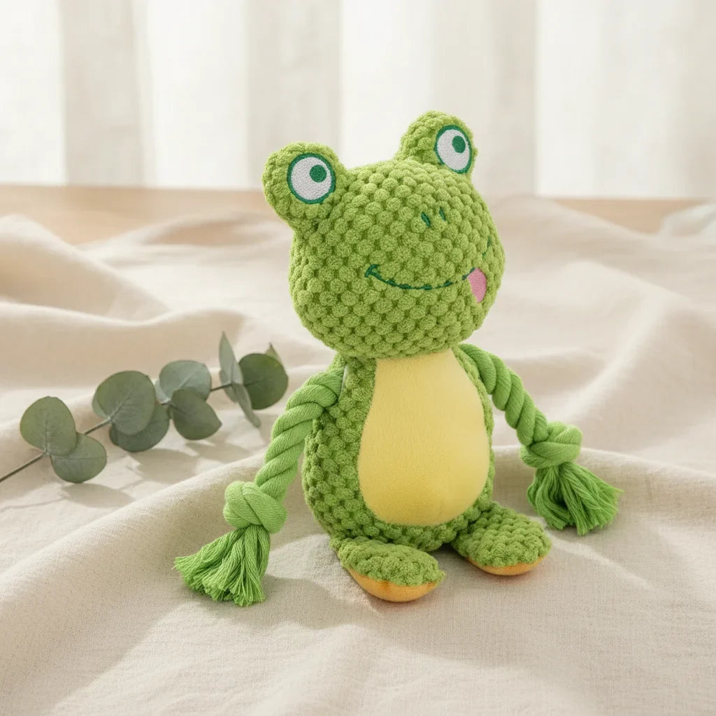 Peluche chien indestructible en forme de grenouille verte avec pattes en corde