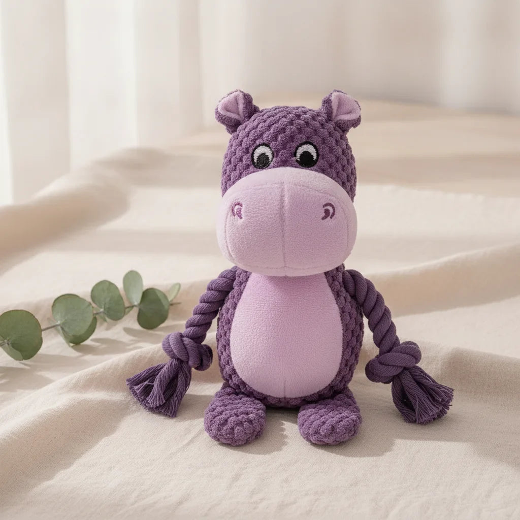 Peluche chien indestructible en forme d'hippopotame violet avec pattes en corde