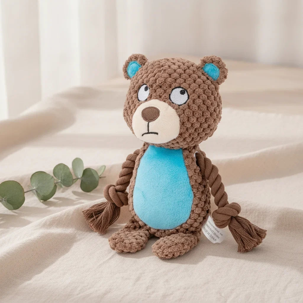 Peluche chien indestructible en forme d'ours brun et bleu avec pattes en corde