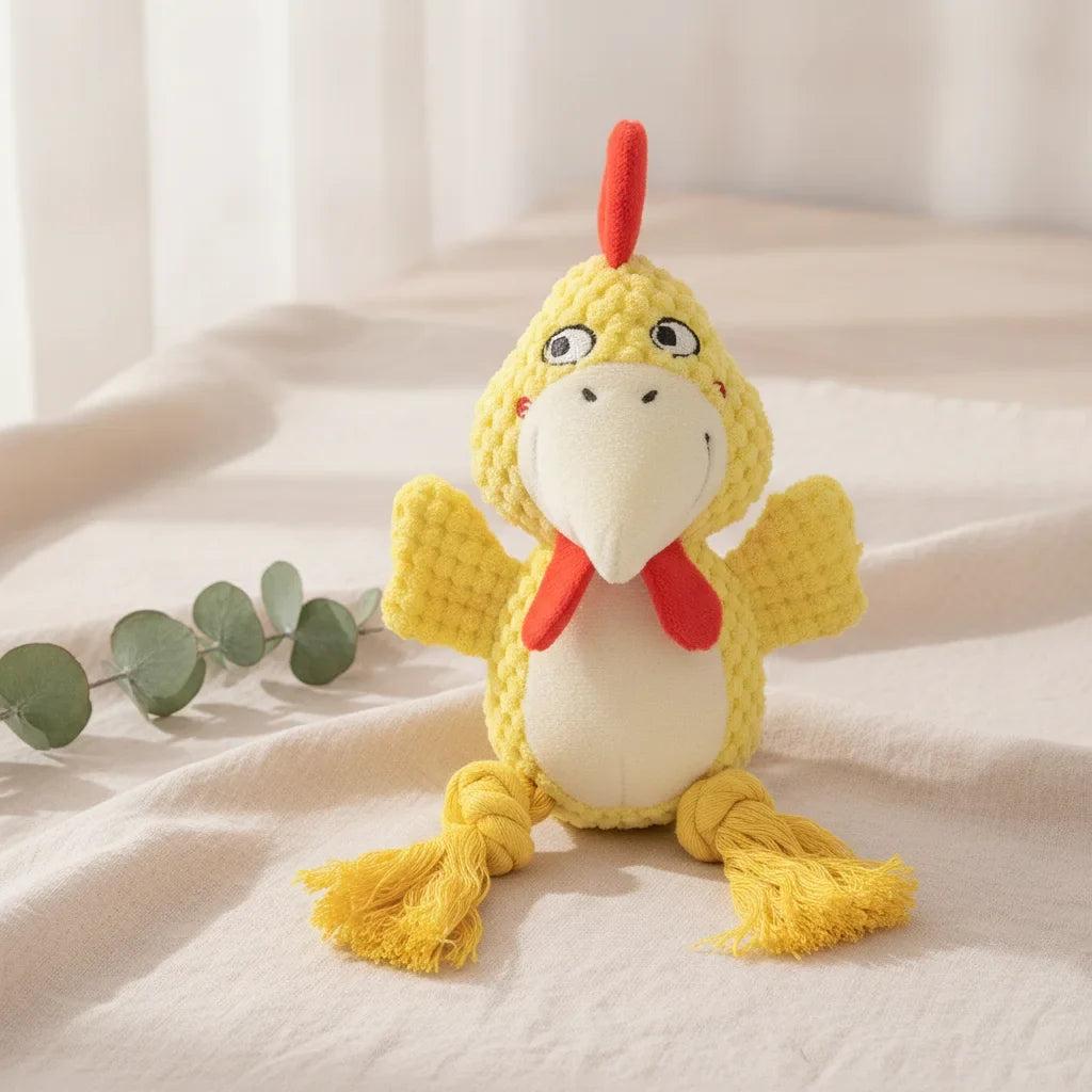 Peluche chien indestructible en forme de poule jaune avec pattes en corde