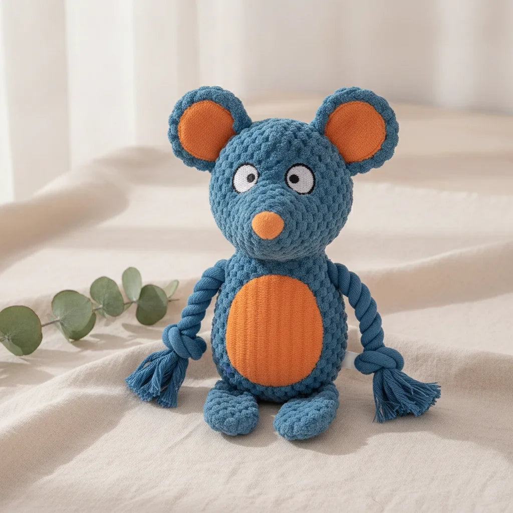Peluche chien indestructible en forme de souris bleue et orange avec pattes en corde