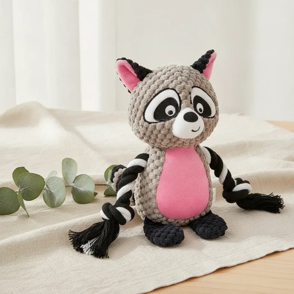 Peluche chien indestructible en forme de raton laveur gris et rose avec pattes en corde
