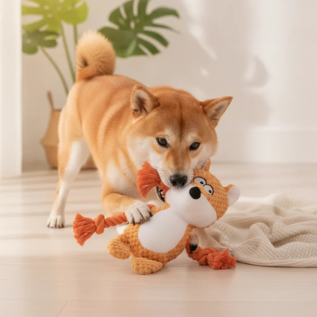 Chien Shiba Inu mordillant une peluche renard orange a l'interieur