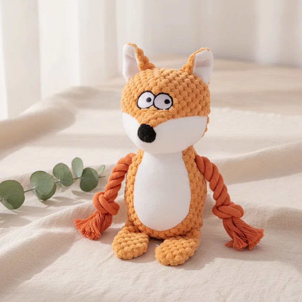 Peluche chien indestructible en forme de renard orange et blanc avec pattes en corde
