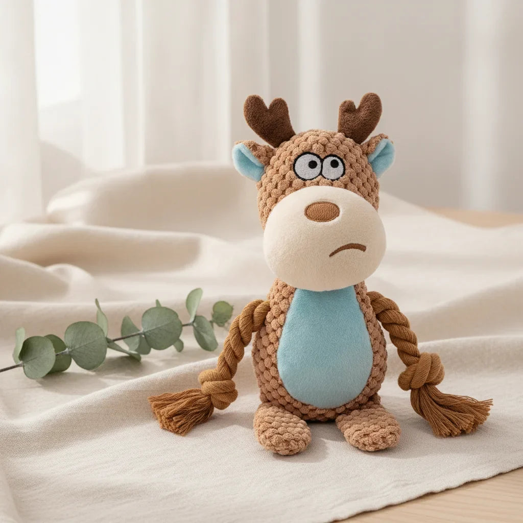 Peluche chien indestructible en forme de renne marron avec pattes en corde