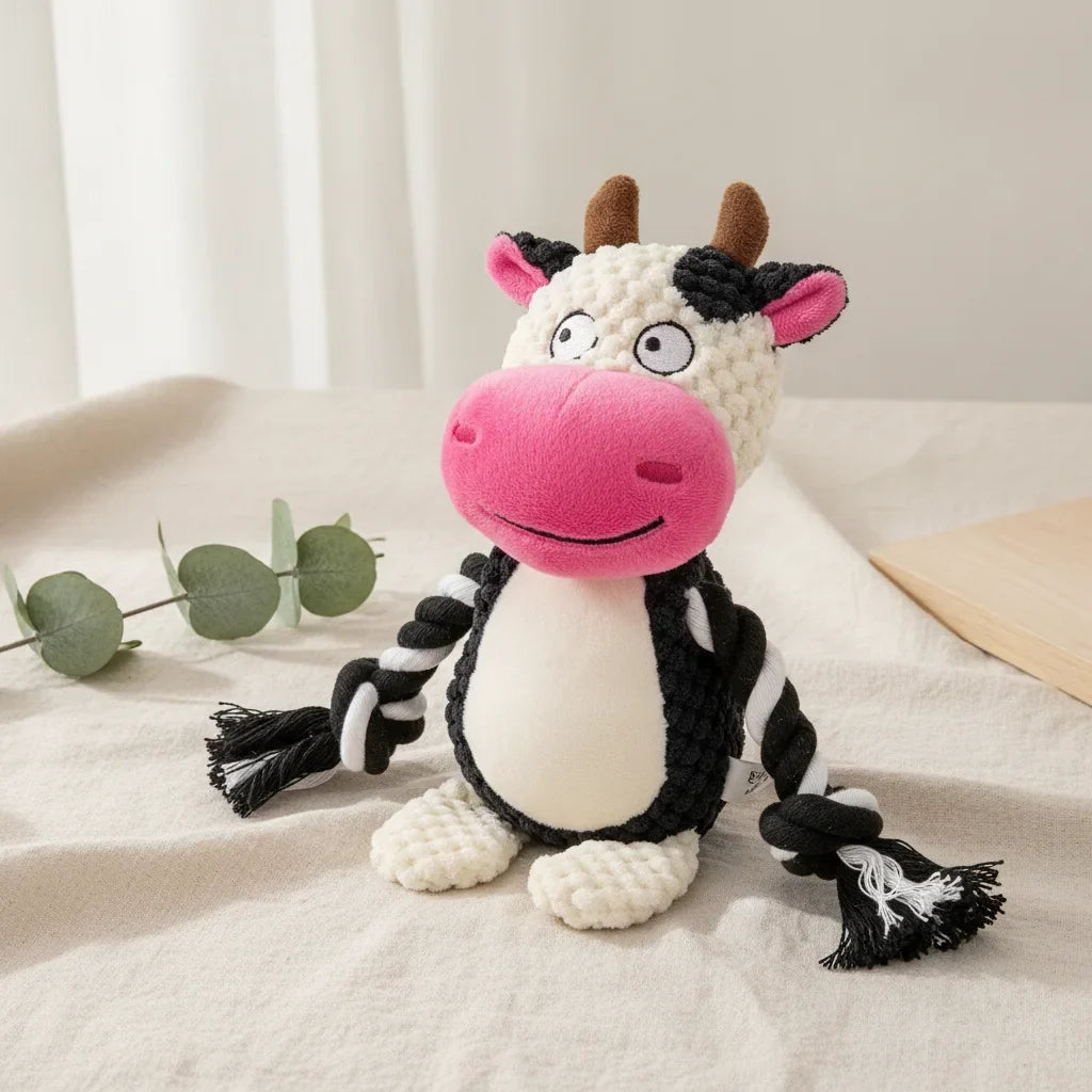Peluche chien indestructible en forme de vache noire et blanche avec pattes en corde