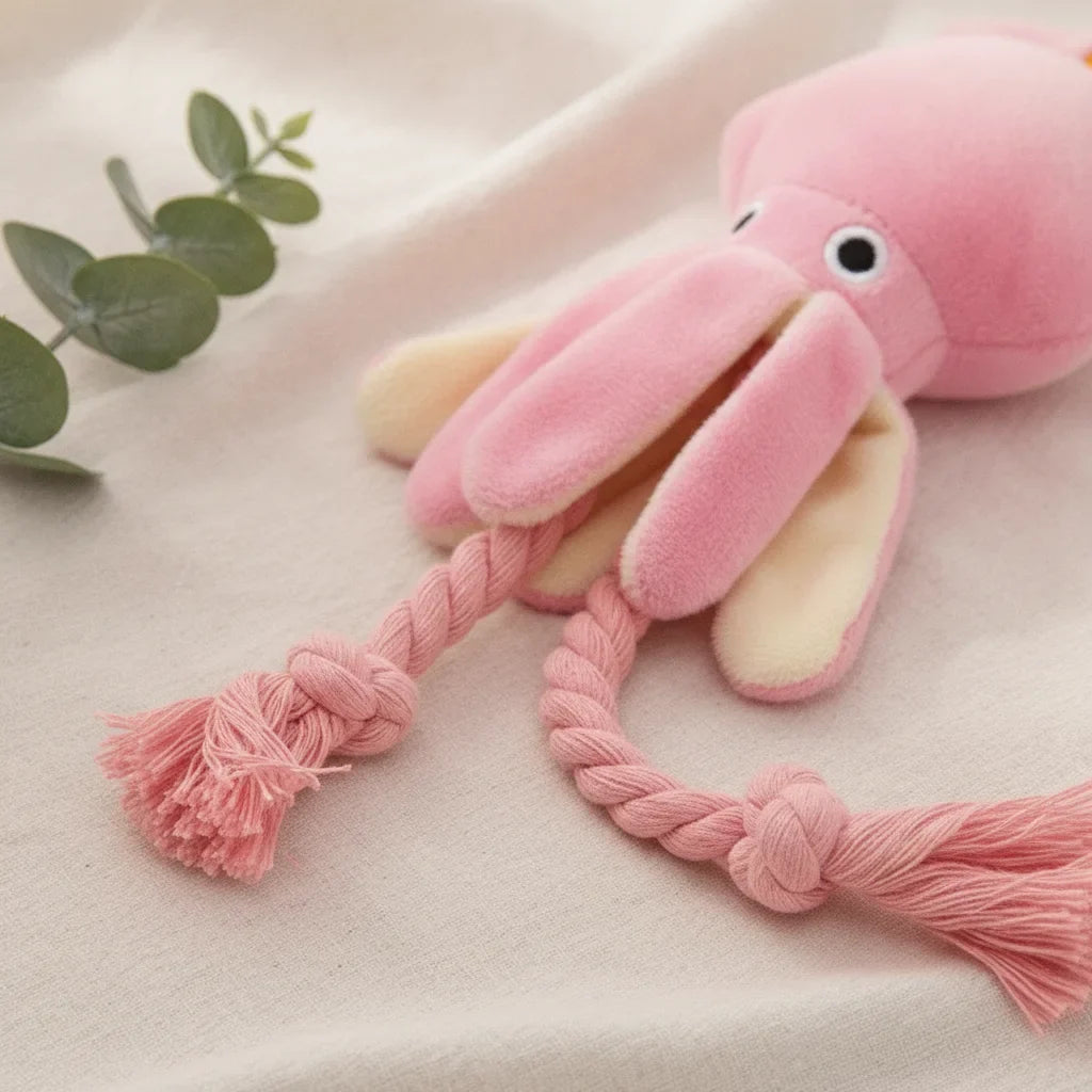 Gros plan sur le noeud d'une tentacule en corde d'une peluche pieuvre rose pour chien