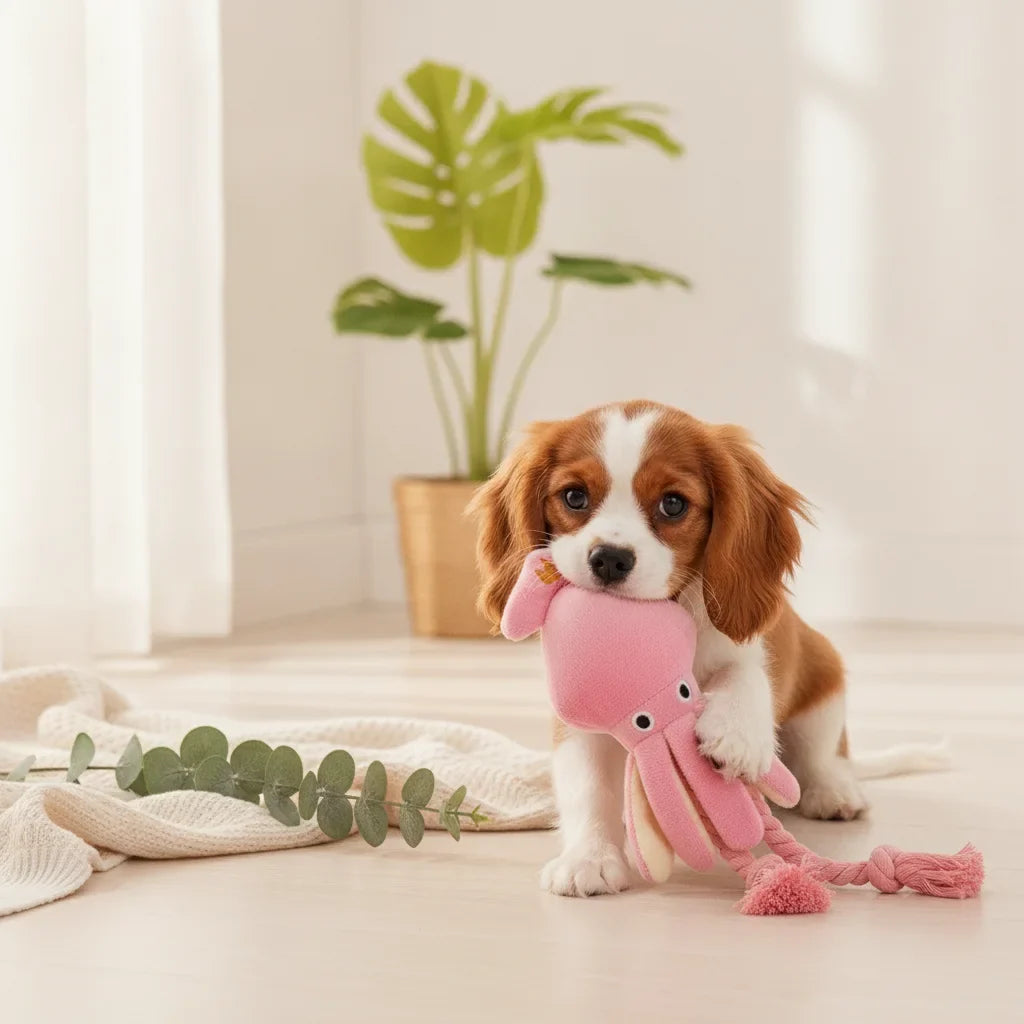 Chiot Cavalier King Charles tenant une peluche pieuvre rose dans la gueule