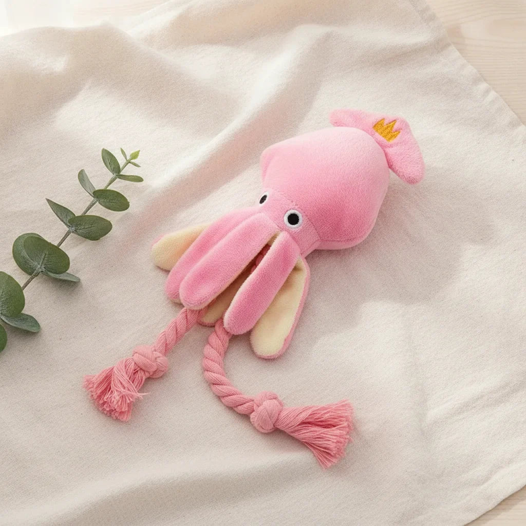 Peluche chien indestructible en forme de pieuvre rose avec tentacules en corde