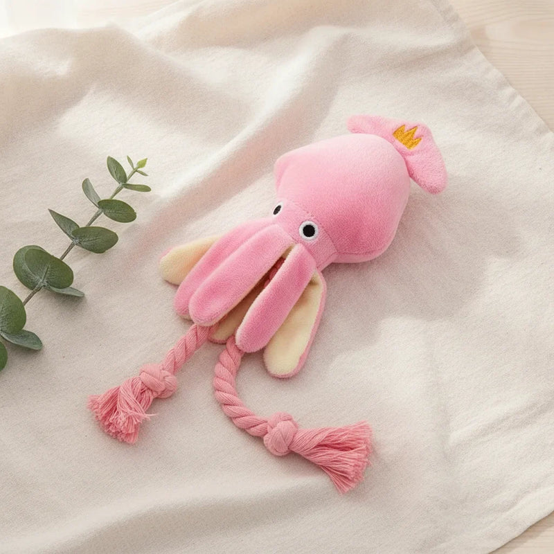 Peluche chien indestructible en forme de pieuvre rose avec tentacules en corde
