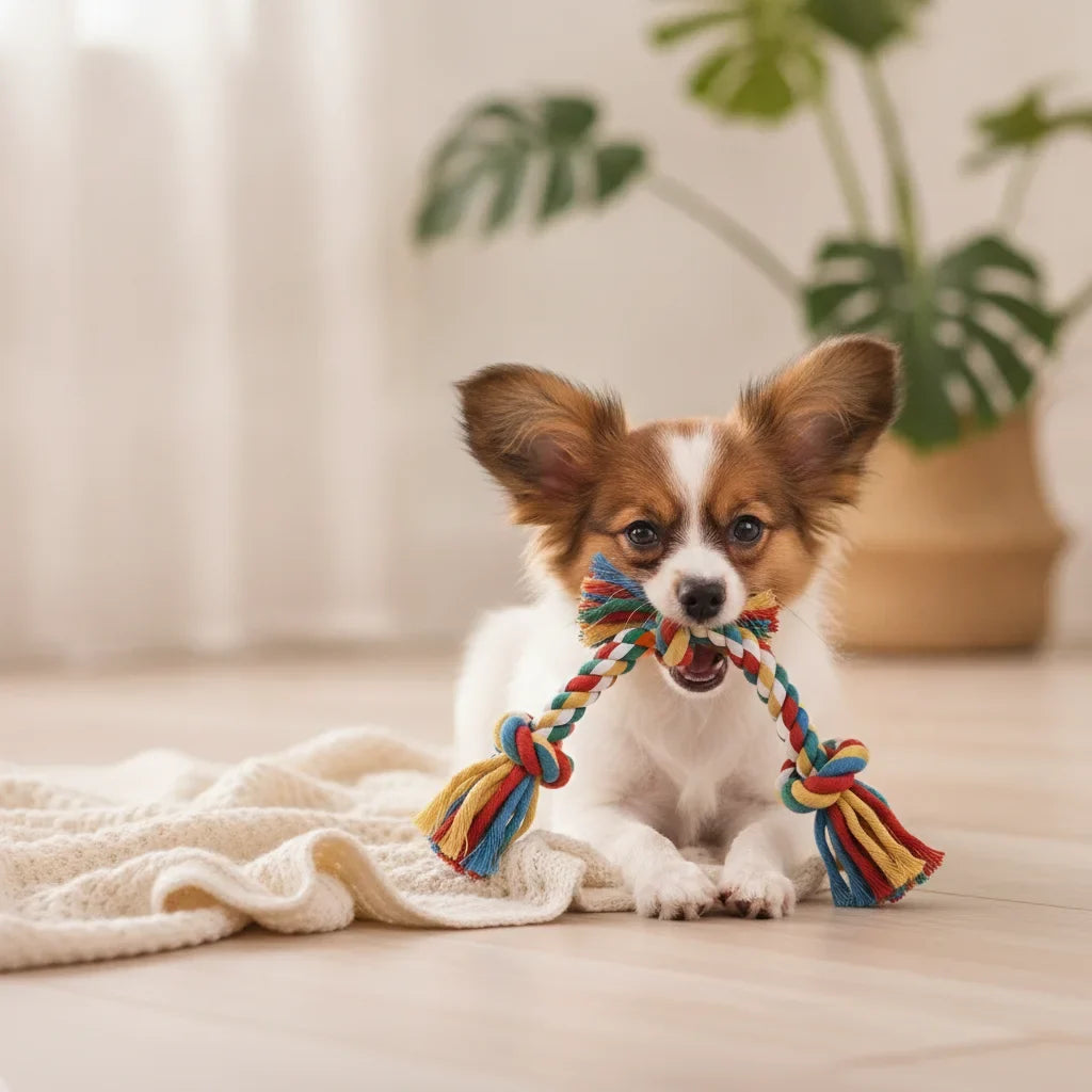 Chiot Papillon machant un jouet corde en coton multicolore a l'interieur