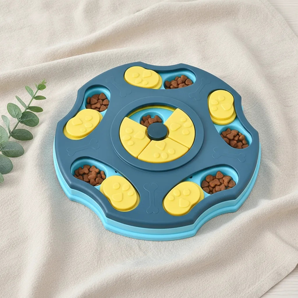 Jouet puzzle interactif pour chien en forme de fleur, coloris bleu et jaune, avec compartiments a croquettes