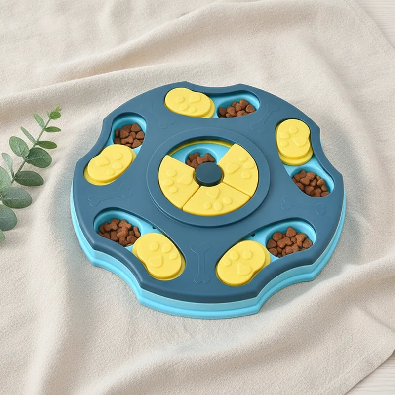 Jouet puzzle interactif pour chien en forme de fleur, coloris bleu et jaune, avec compartiments a croquettes
