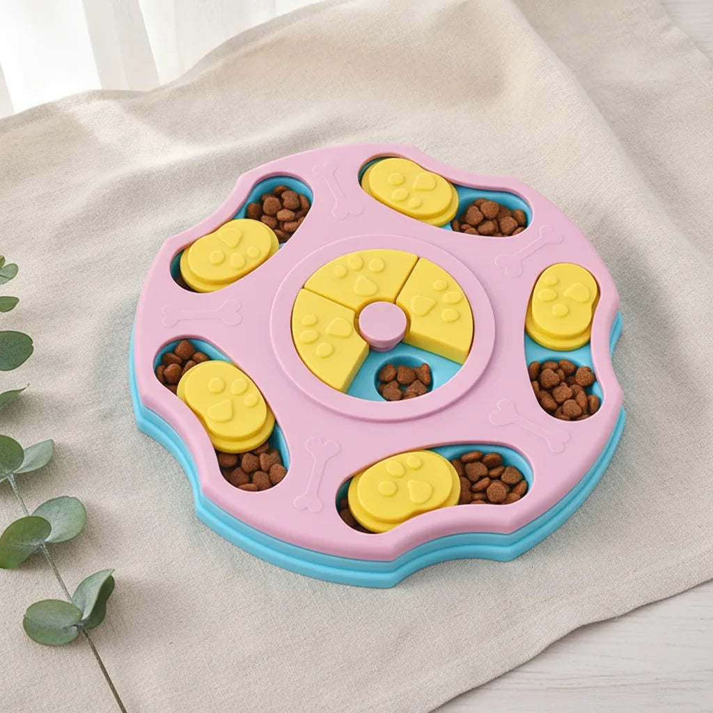 Jouet puzzle interactif pour chien en forme de fleur, coloris rose et jaune, avec compartiments a croquettes