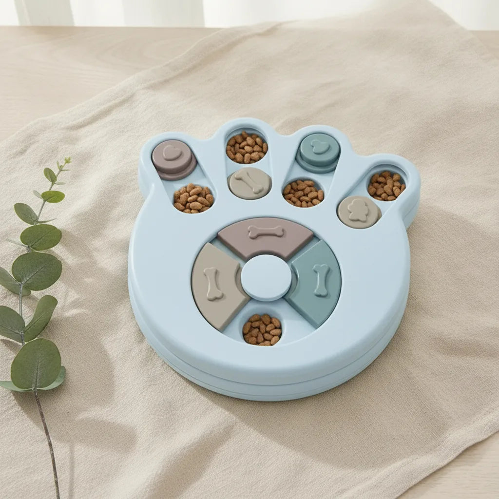 Jouet puzzle interactif pour chien en forme de patte, coloris bleu pastel, avec compartiments a croquettes