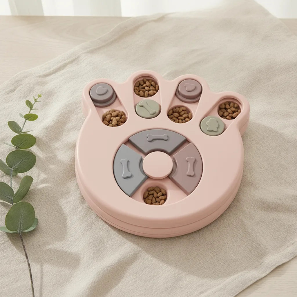 Jouet puzzle interactif pour chien en forme de patte, coloris rose pastel, avec compartiments a croquettes