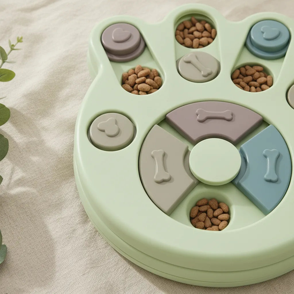 Gros plan sur la roue centrale rotative a motifs os d'un jouet puzzle interactif vert pour chien