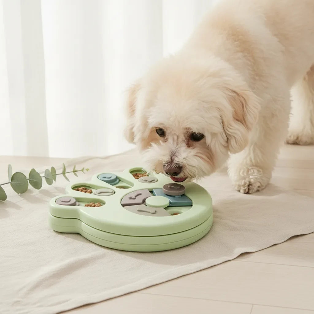 Chiot au poil creme reniflant un jouet puzzle interactif vert en forme de patte pour trouver des croquettes