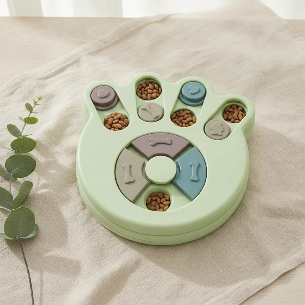 Jouet puzzle interactif pour chien en forme de patte, coloris vert sauge, avec compartiments a croquettes