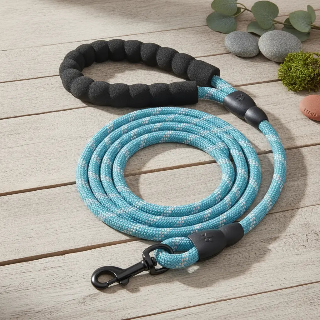 Laisse pour chien en corde tressee bleu clair avec poignee rembourree