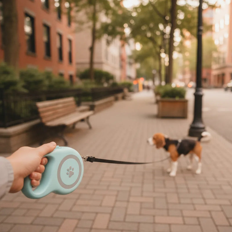 Laisse enrouleur pour chien tenue en main lors d'une promenade en ville avec un Beagle