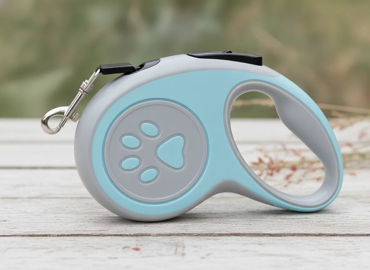 Laisse enrouleur pour chien bleu clair et gris, vue de profil