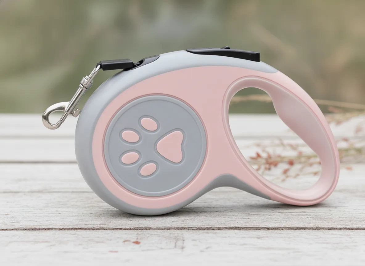 Laisse enrouleur pour chien rose et gris, vue de profil