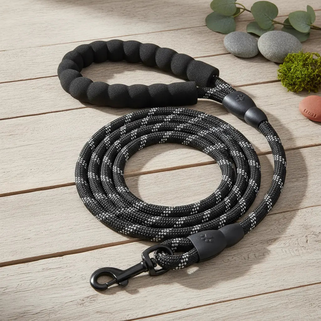 Laisse pour chien en corde tressee noire avec poignee rembourree
