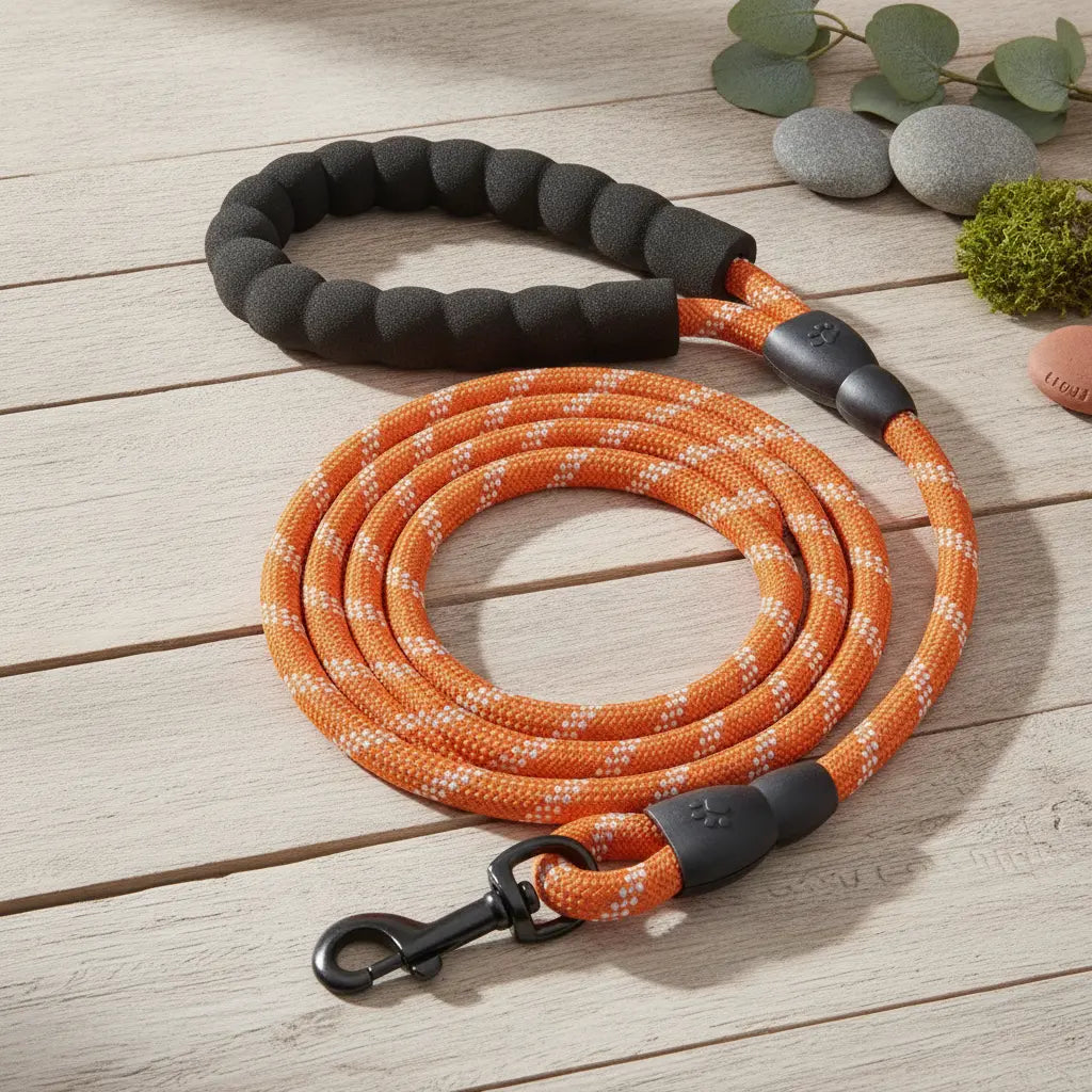 Laisse pour chien en corde tressee orange avec poignee rembourree