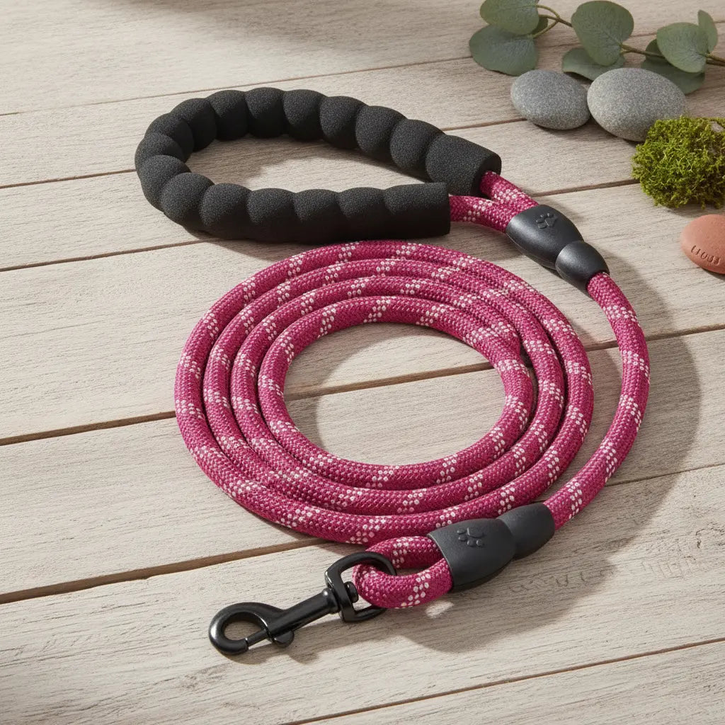 Laisse pour chien en corde tressee rose avec poignee rembourree