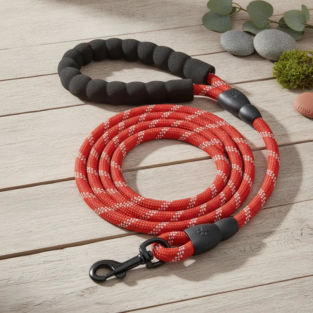 Laisse pour chien en corde tressee rouge avec poignee rembourree
