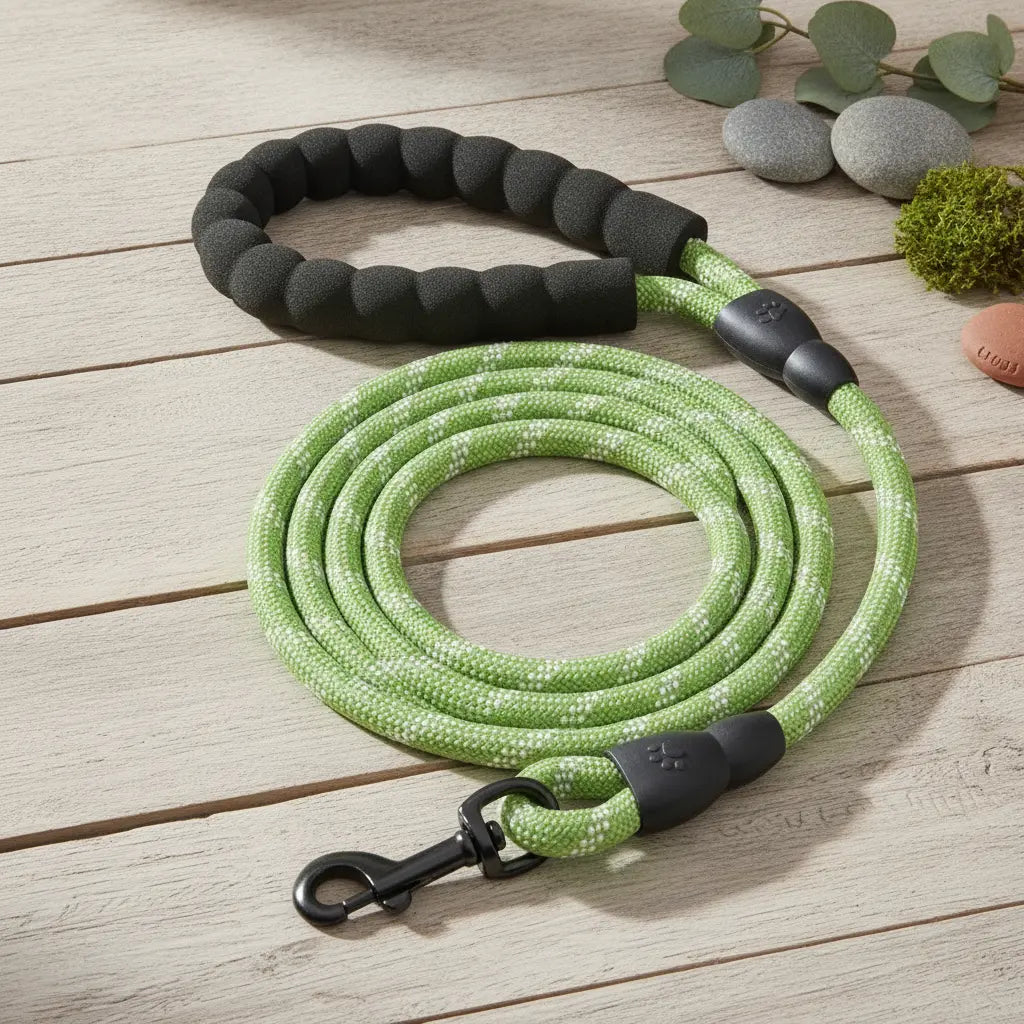 Laisse pour chien en corde tressee vert fluo avec poignee rembourree