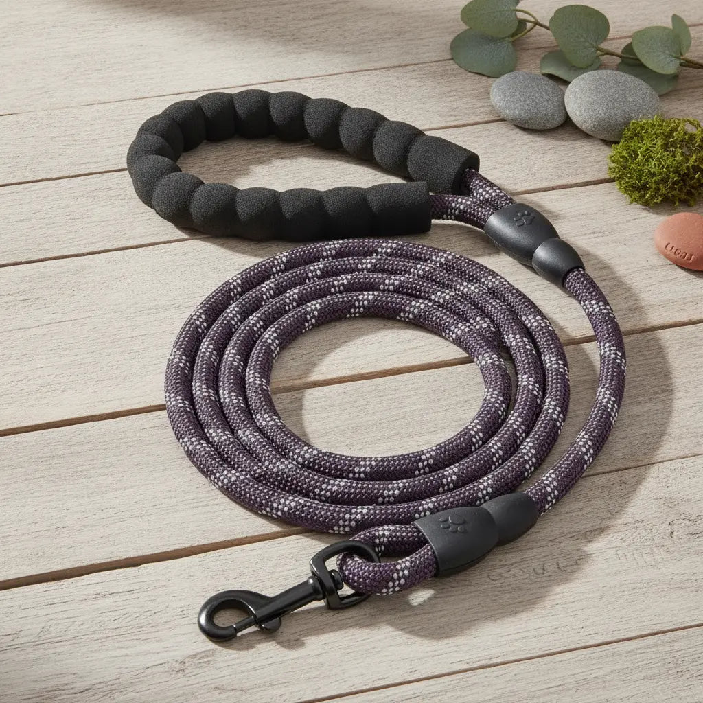 Laisse pour chien en corde tressee violette avec poignee rembourree