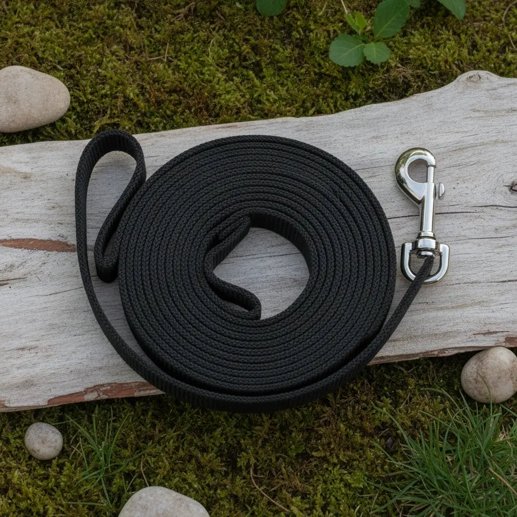 Longe d'education pour chien noire enroulee, en corde plate avec mousqueton