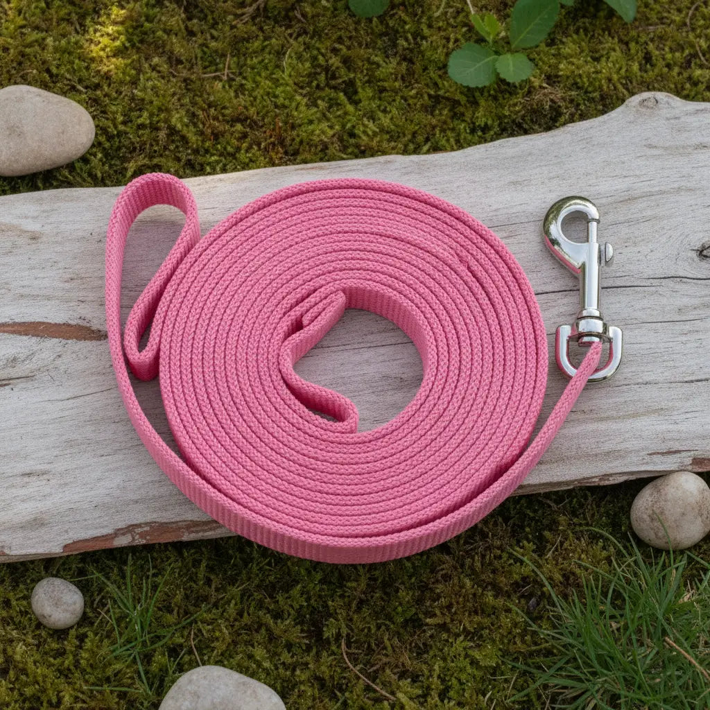 Longe d'education pour chien rose enroulee, en corde plate avec mousqueton