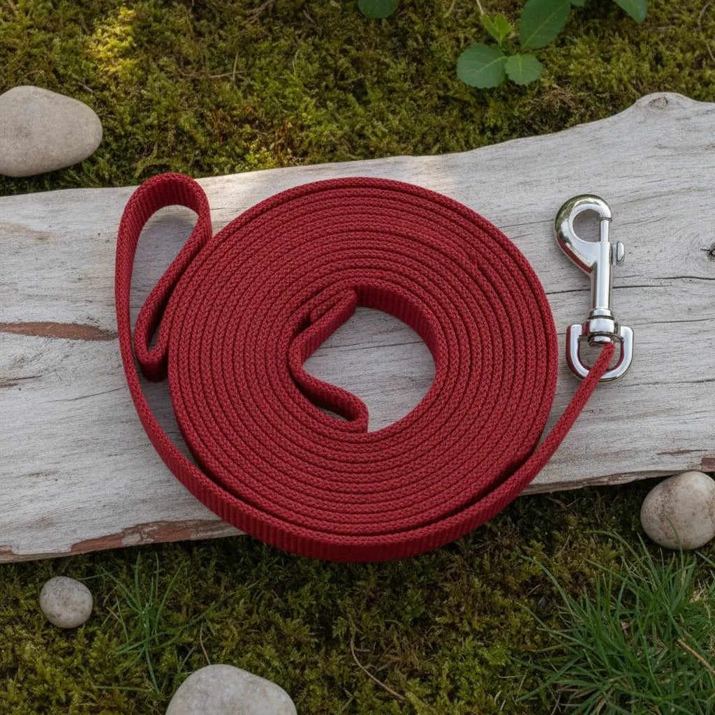 Longe d'education pour chien rouge enroulee, en corde plate avec mousqueton