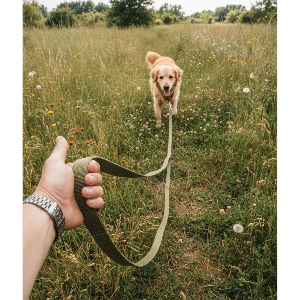 Longe d'education vert kaki tenue en main lors d'une promenade avec un Golden Retriever dans un champ