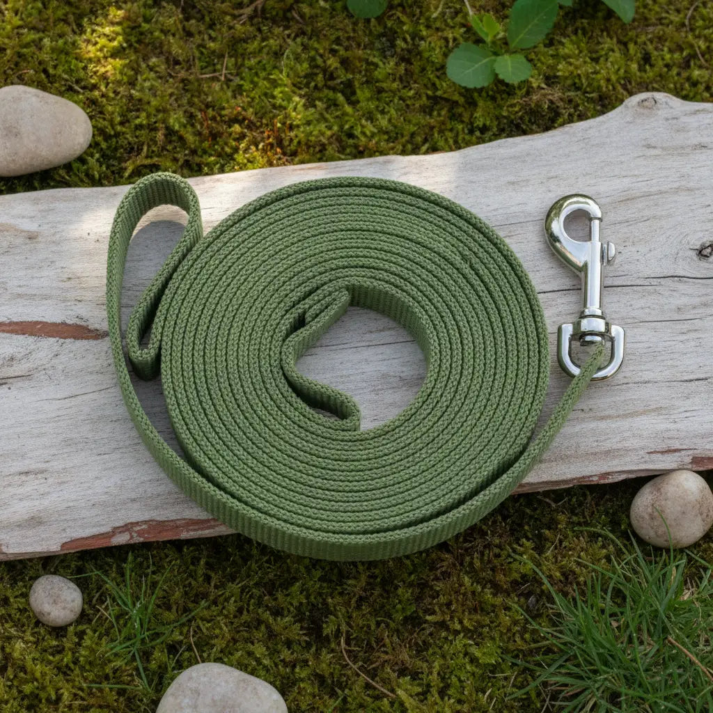 Longe d'education pour chien vert kaki enroulee, en corde plate avec mousqueton