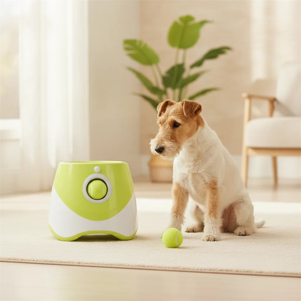 Chien Fox Terrier assis pres d'un lanceur de balle automatique dans un salon