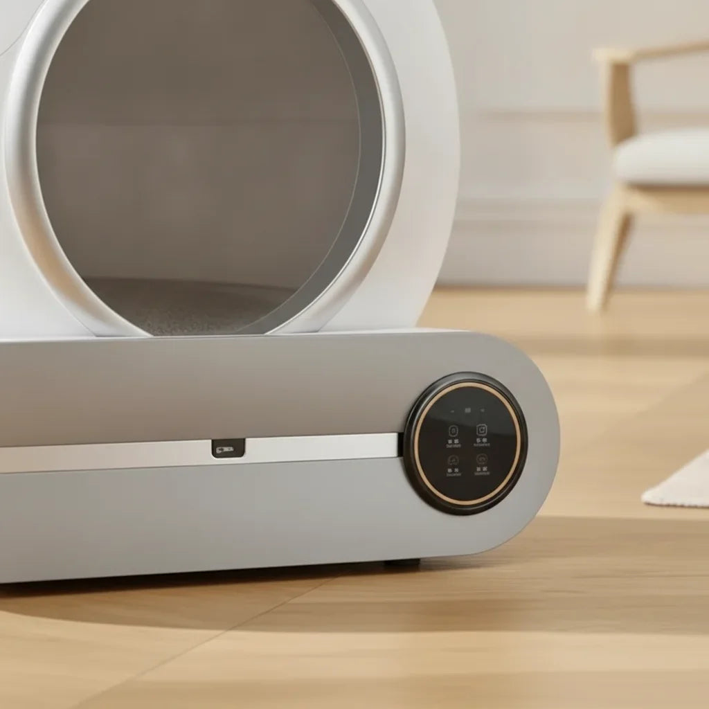 Gros plan sur le panneau de commande tactile d'une litiere automatique pour chat
