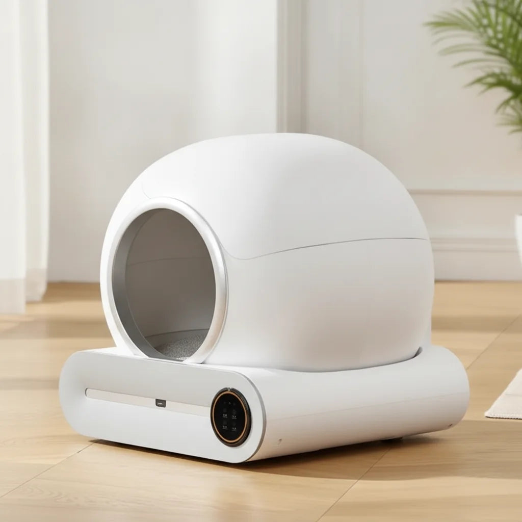 Litiere automatique pour chat en forme de dome, vue de profil