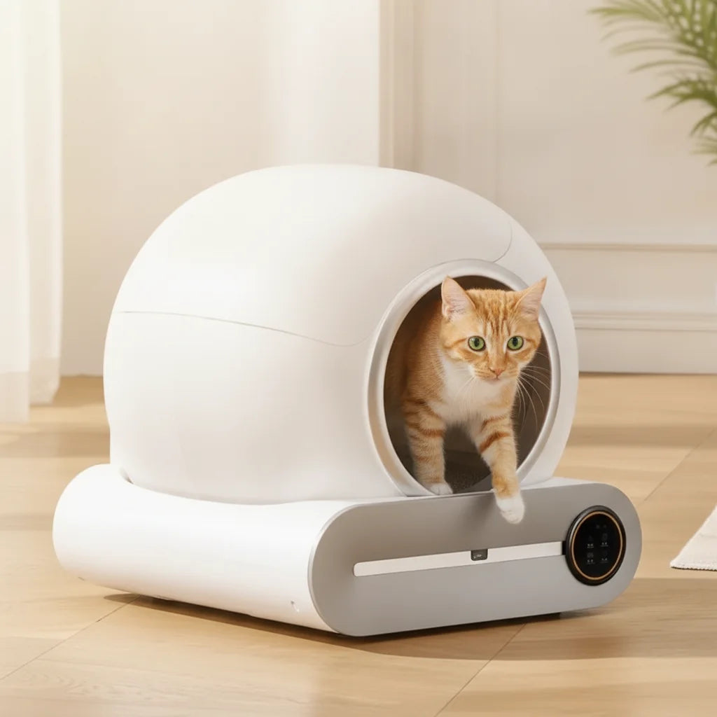 Chat roux sortant d'une litiere automatique en forme de dome blanc et gris