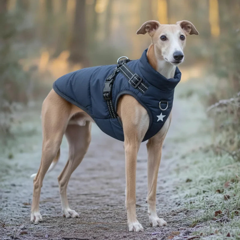 Chien Whippet portant un manteau d'hiver bleu marine avec harnais integre, en promenade sur un chemin givre