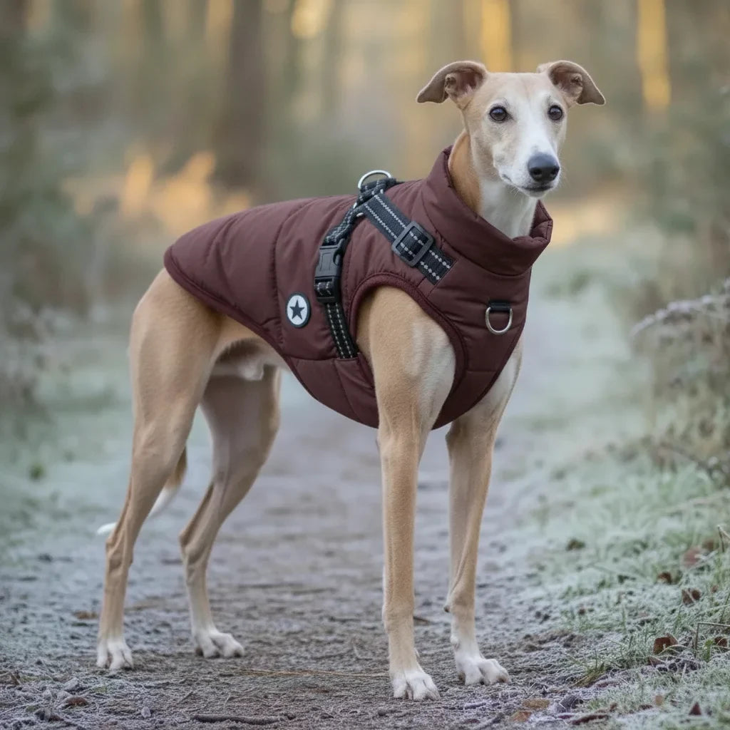 Chien Whippet portant un manteau d'hiver bordeaux avec harnais integre, en promenade sur un chemin givre