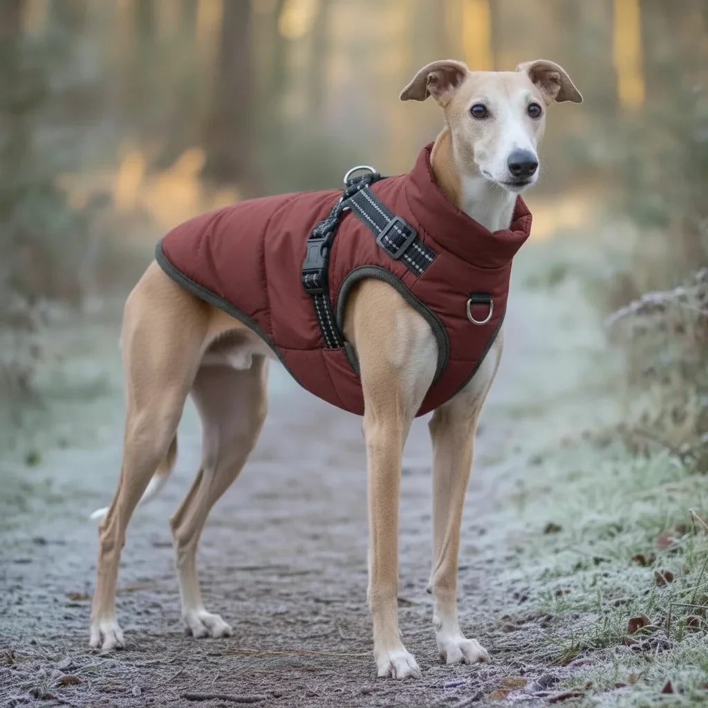 Chien Whippet portant un manteau d'hiver rouge avec harnais integre, en promenade sur un chemin givre