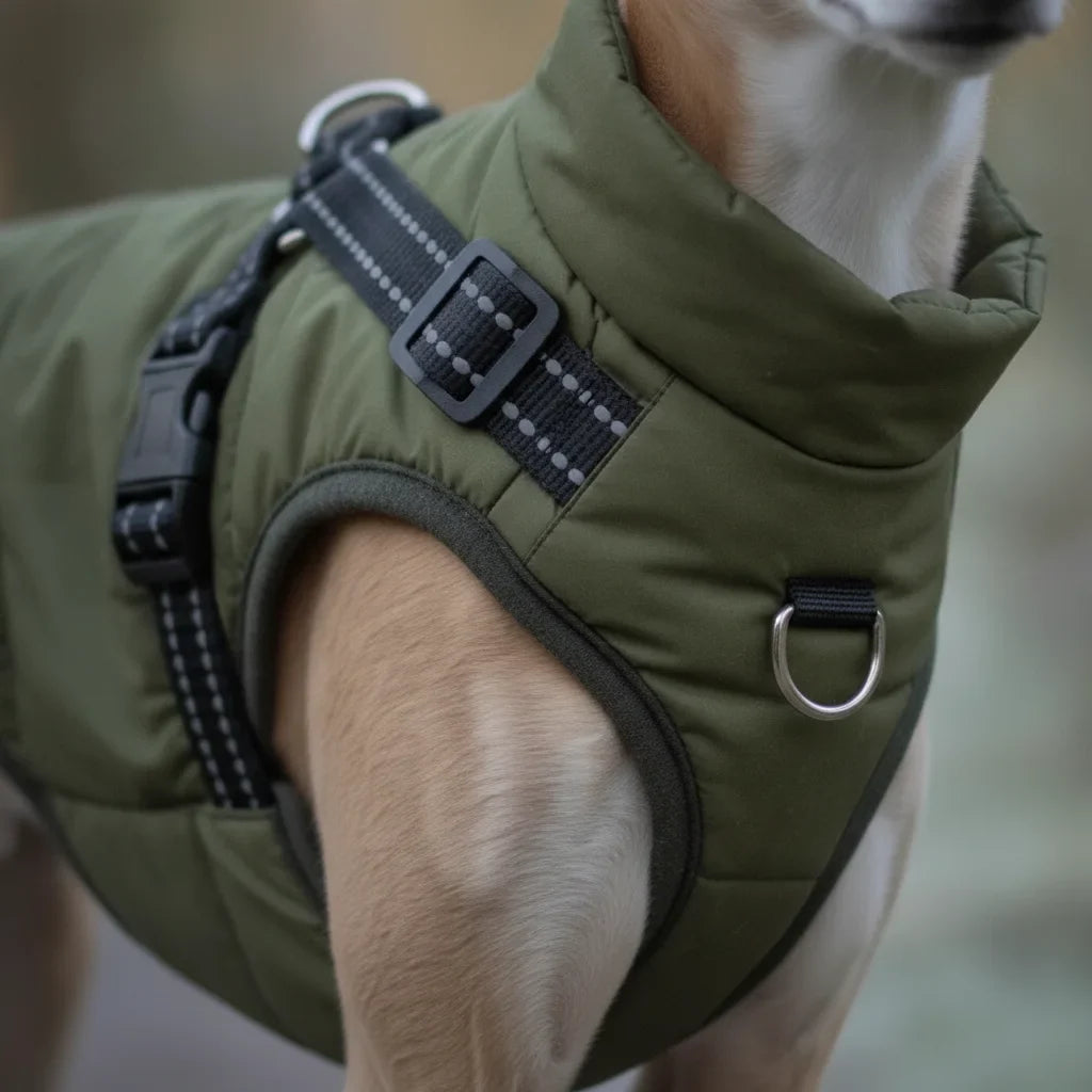 Gros plan sur la boucle du harnais integre et le col du manteau d'hiver vert kaki porte par un chien